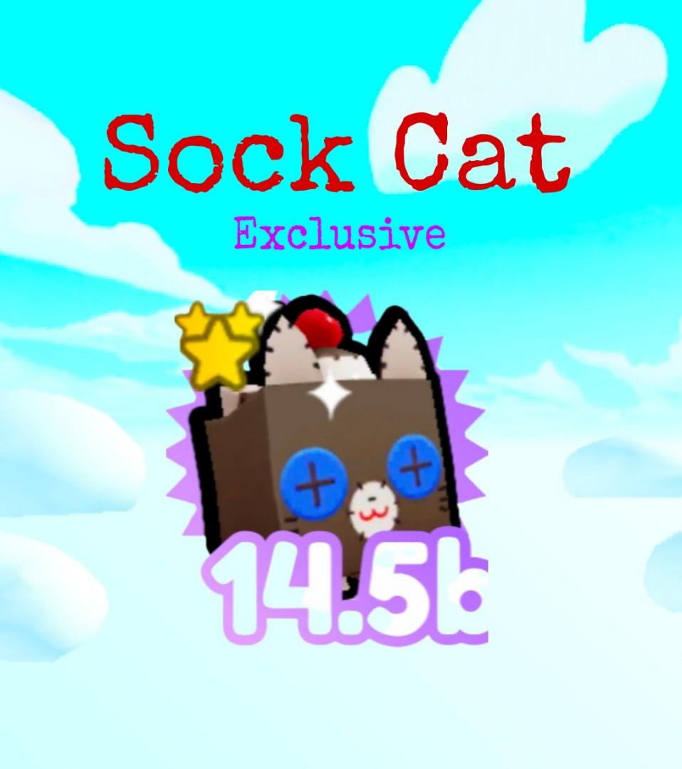Sock Cat - Exclusive (Category: In-Game Products) located in Taguig. Submitted by funcrown (Listing ID 1136333818, Image 1). Description: The Sock Cat is an Exclusive Pet in Pet Simulator X. It can be purchased from the Exclusive shop for 1,199 Robux. Enchantments Magnet (Unique): Pet can collect orbs for you. Chest Breaker III: Pet deals 150% more damage to chests. Diamonds IV: Pet earns 50% more diamonds. This is a re-model of the cat. This is 