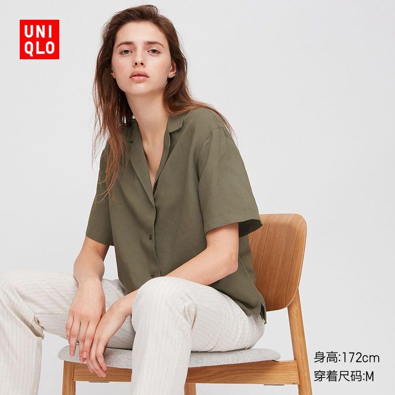 Uniqlo Linen Blend Open Collar Short Sleeve Shirt, Women's Fashion, Tops,  Blouses on Carousell