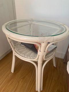 Vintage rattan side table with glass top