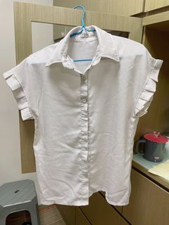 韓國 白色 企領 襯衫 蝙蝠袖 雞翼袖 短袖 背心 上衣 女裝64239251591041110