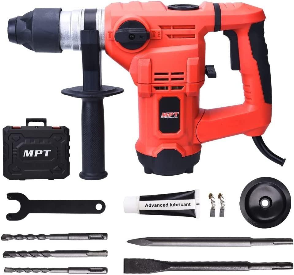 MPT 1500W Heavy Duty Rotary Hammer Drill,3 Function and Adjustabl Soft Grip  Handle,Include 3 Drill Bits,Point and Flat Chisel with Case