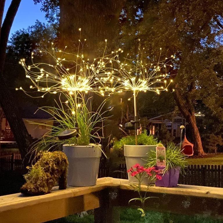 B387] 17cm Wire Solar Garden Lights Outdoor Patio, Yard, Flowerbed,  Parties, 2-PACK Solar Firework Lights Warm White LED Solar Starburst Lights  with Lighting Modes Twinkling and Steady-ON for Garden,, Furniture 