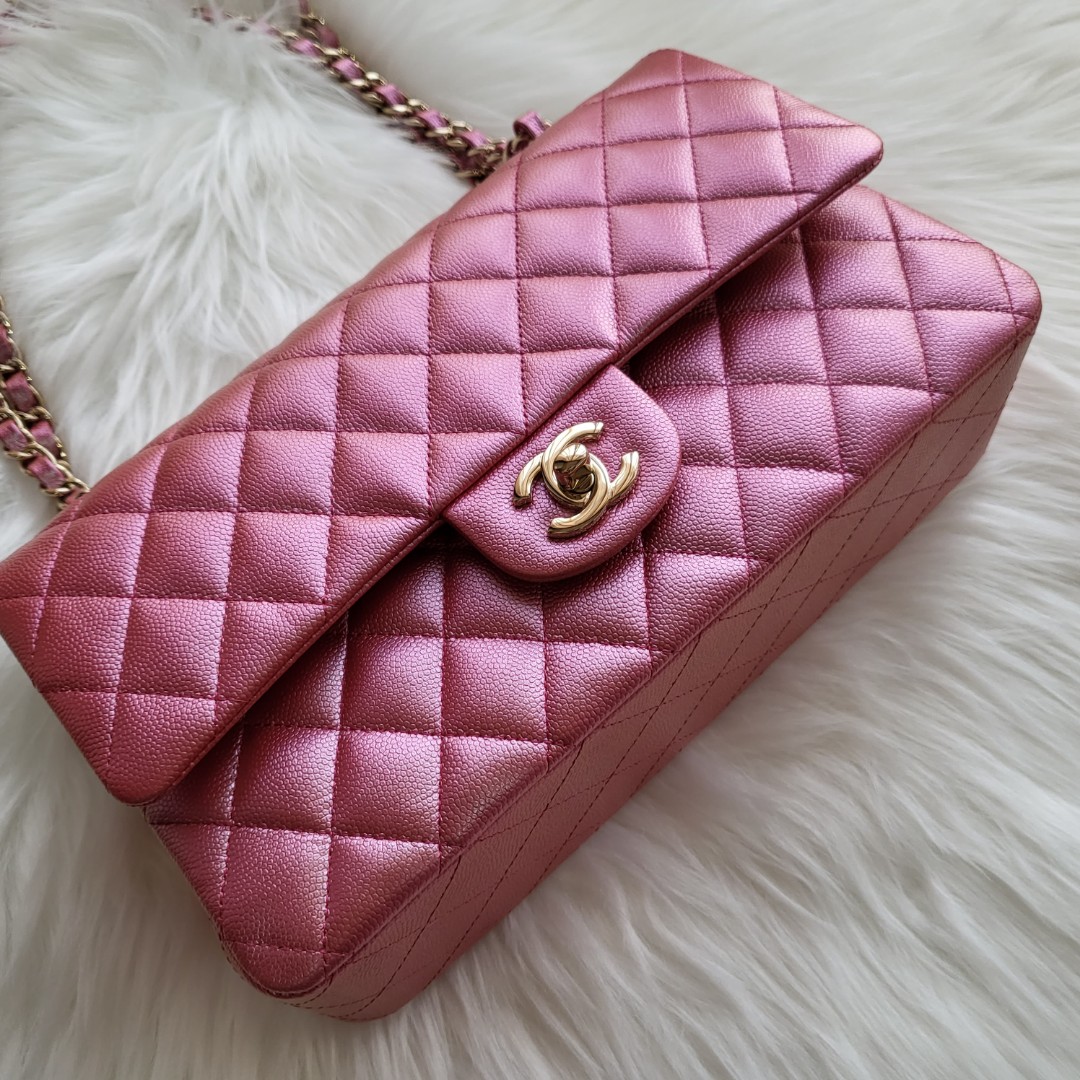 Chanel classic flap medium in metallic pink, Luxury, Bags & Wallets on  Carousell