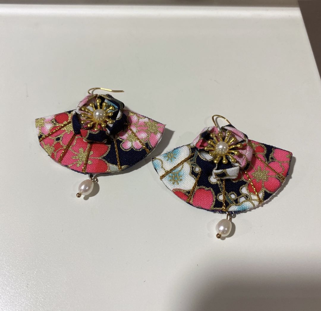 Handmade Pink Kimono Japanese Sakura Style Fan Earring, Women's Fashion