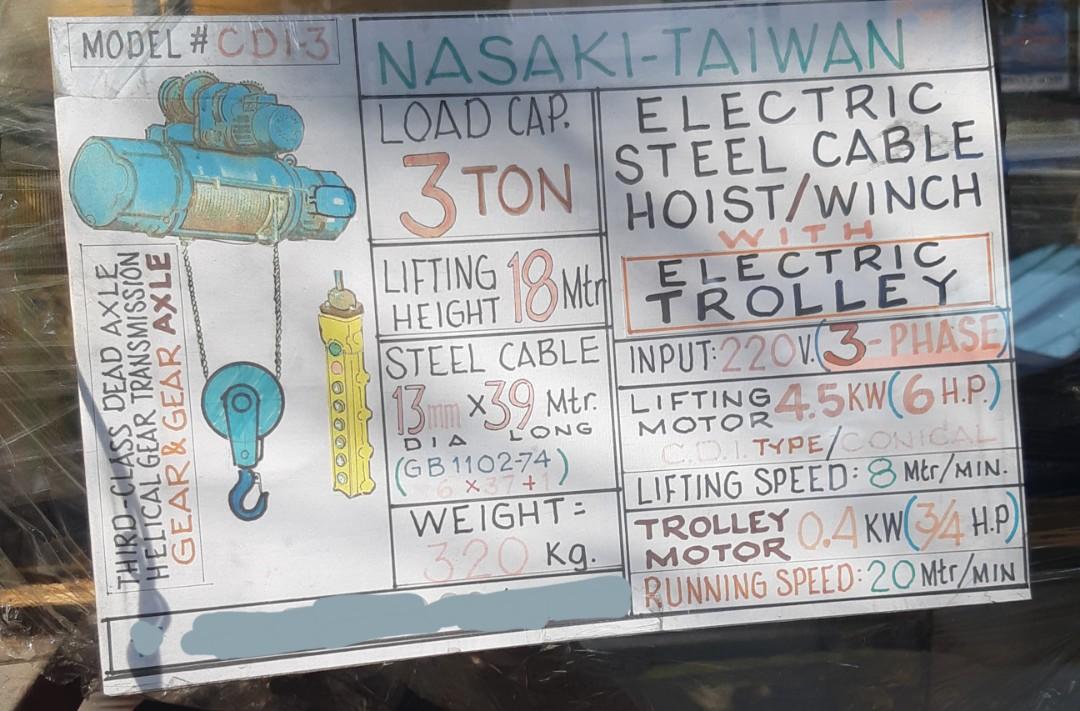 HOIST WINCH WITH TROLLEY 3 TONS STEEL CABLE HOISTS NASAKI TAIWAN WIRE ROPE 220 VOLTS 3 PHASE CDI