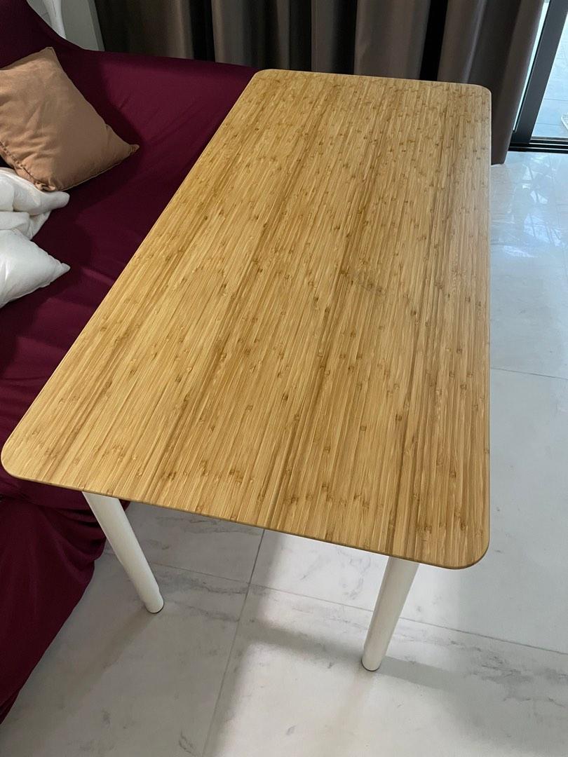IKEA bamboo table top with white adjustable legs, Furniture & Home