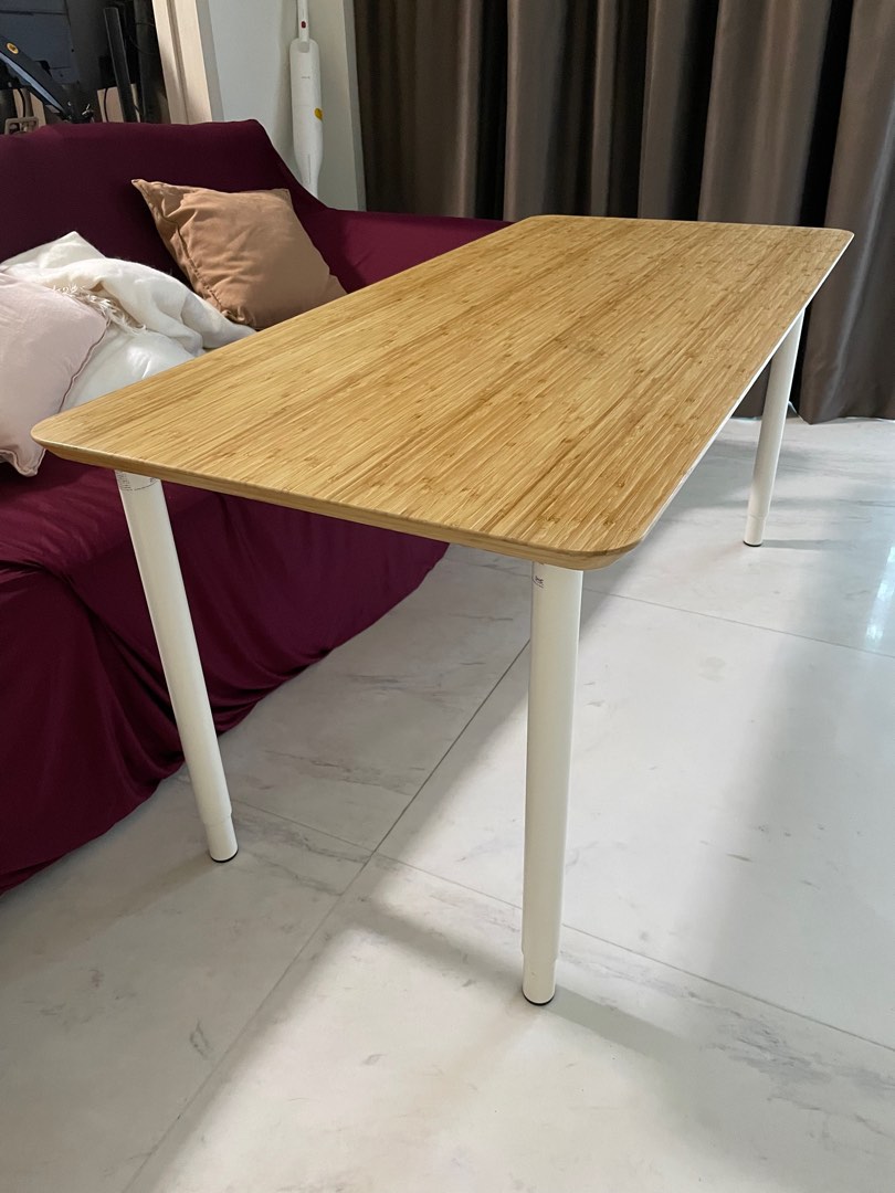IKEA bamboo table top with white adjustable legs, Furniture & Home