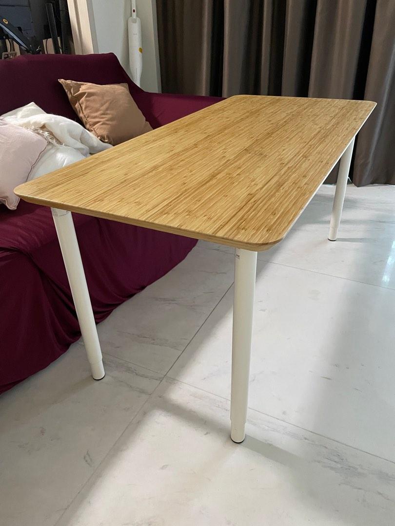 IKEA bamboo table top with white adjustable legs, Furniture & Home
