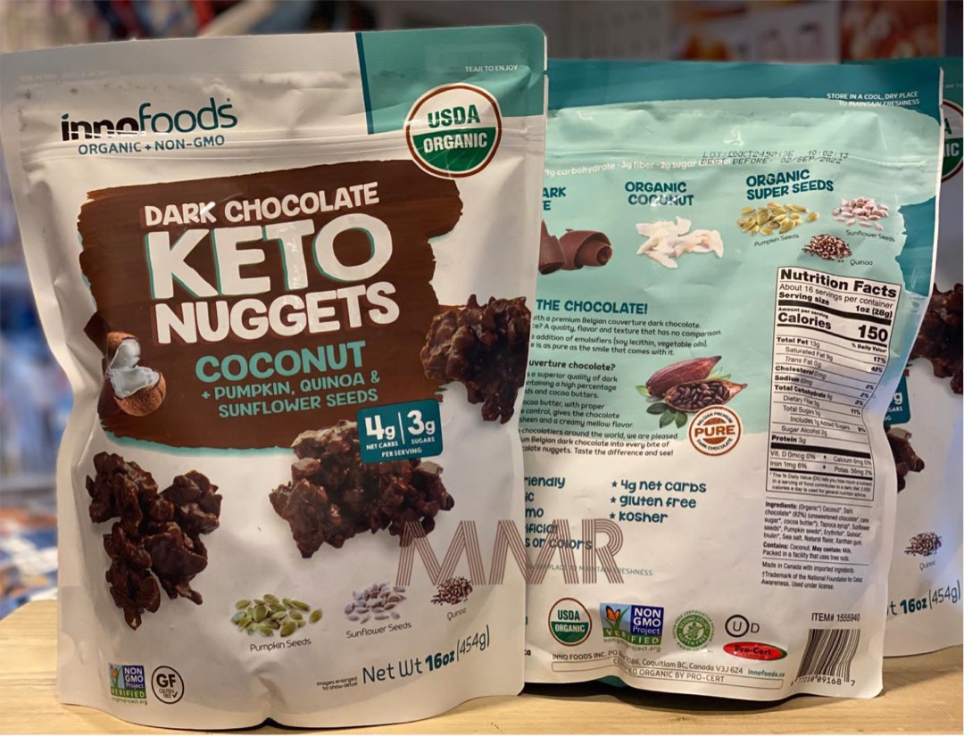 Innofood Keto nuggets dark chocolate, 嘢食 & 嘢飲, 包裝食物&即食食物 on Carousell