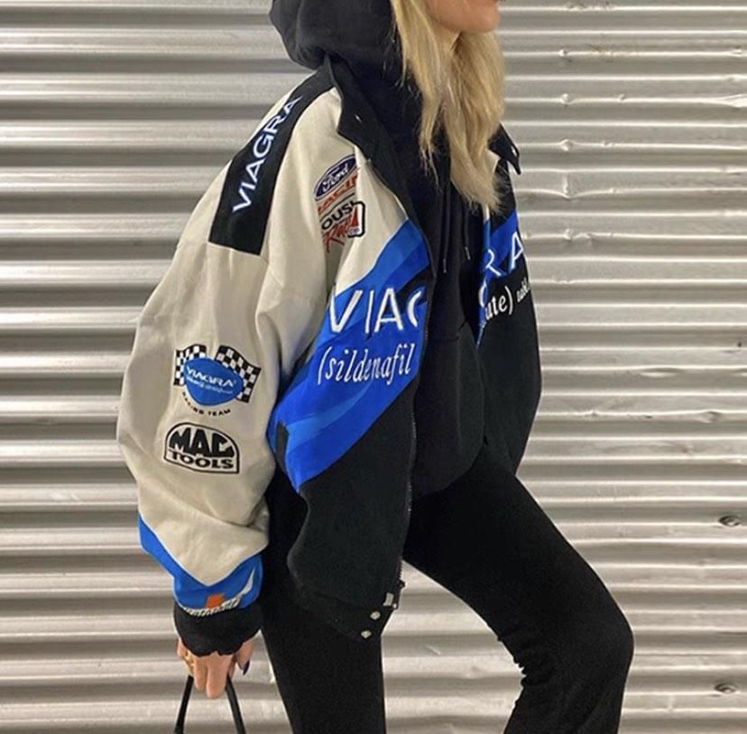 INSTOCK viagra blue white black racer jacket Women s Fashion