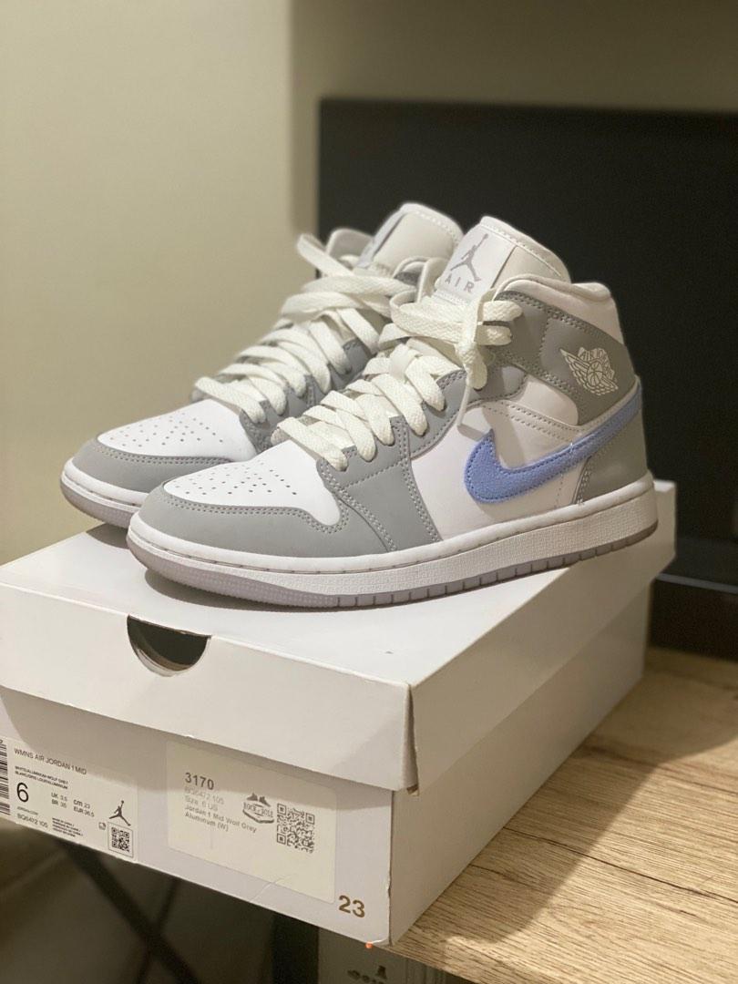 Jordan 1 Mid Wolf Grey Aluminum (6W), Women's Fashion, Footwear