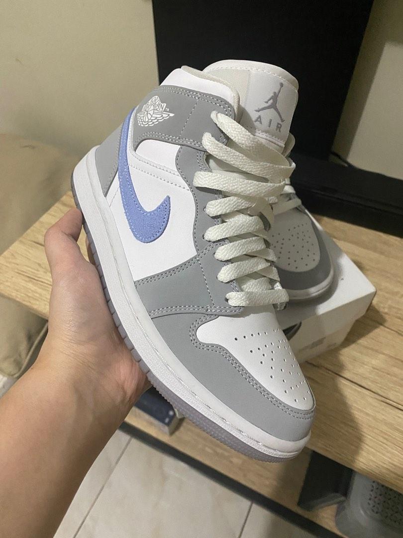 Jordan 1 Mid Wolf Grey Aluminum (6W), Women's Fashion, Footwear, Sneakers on Carousell