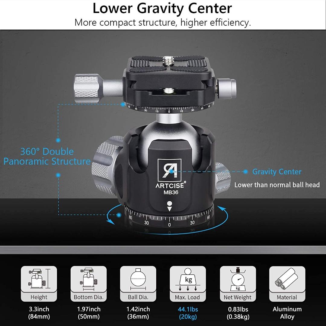 Neewer Low Profile Camera Tripod Ball Head, 36mm Metal Panorama Ball Head Compatible With Arca 1/4" Quick Release Plate For Tripod Monopod Slider DSLR Camera Camcorder, Load Capacity: 33lb/15kg -GM36 | Best