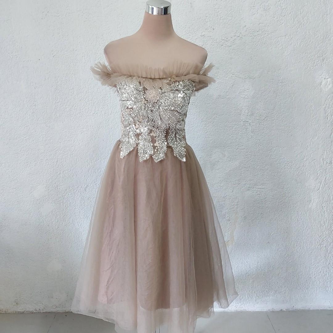 Nude gown brown gown skintone gown midi gown mid length gown tea length gown sparkly gown muted gown