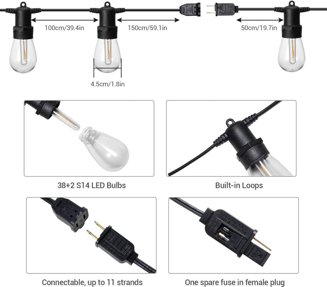 OxyLED Outdoor String Lights 40 S14 Bulbs Shatterproof Waterproof Outdoor Patio Garden Porch Balcony Wedding Party Warm White Furniture Home Living Lighting Fans Lighting on Carousell