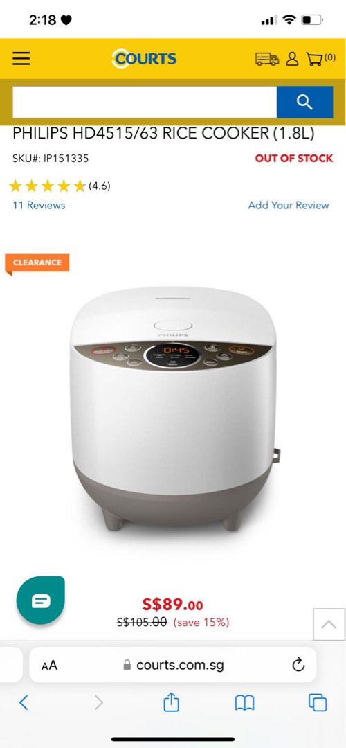 PHILIPS HD4515/63 RICE COOKER (1.8L), TV & Home Appliances, Kitchen