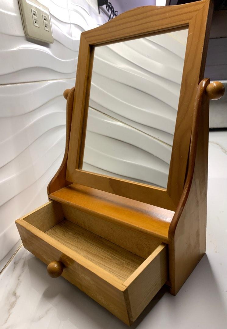 Wood Vanity Mirror on Stand with Jewellery Drawer Makeup Mirror Jewelry Box with Mirror Wooden