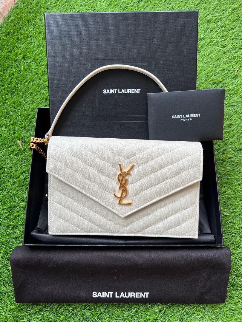 Saint Laurent YSL Monogram Cassandra Chevron Matelasse Envelope Chain  Wallet in Dusty Grey Grain De Poudre - SOLD