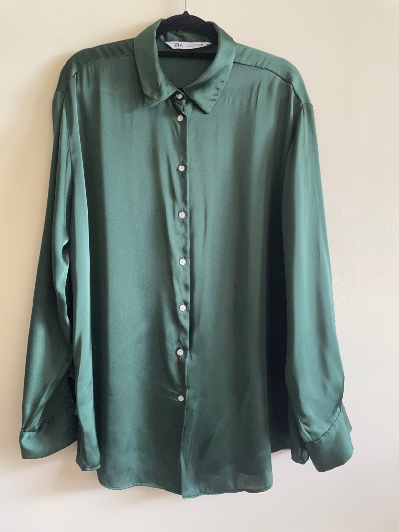Zara Emerald Green Satin Top, Women's Fashion, Tops, Longsleeves on