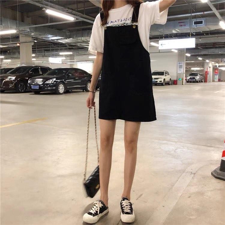 Girls black online denim pinafore dress