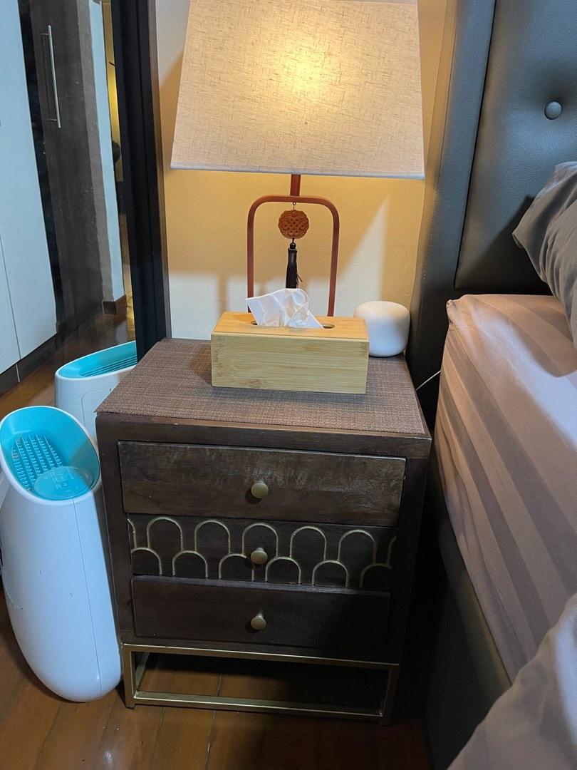 Classy Bed Side Table (Solid Wood) (Category: Tables & Sets) located in Singapore. Submitted by hiroshee (Listing ID 1189838995, Image 1). Description: - A pair of classic Solid Wood Bedside table with 3 drawers each - Classic Gold detailing on the drawers - Gold Metal base leg - Stained wood design - Vintage classic furniture - Selling as a pair - Purchased from Italy at $299 each ($598) - Selling at $200 for both - Selling due to relocation - S