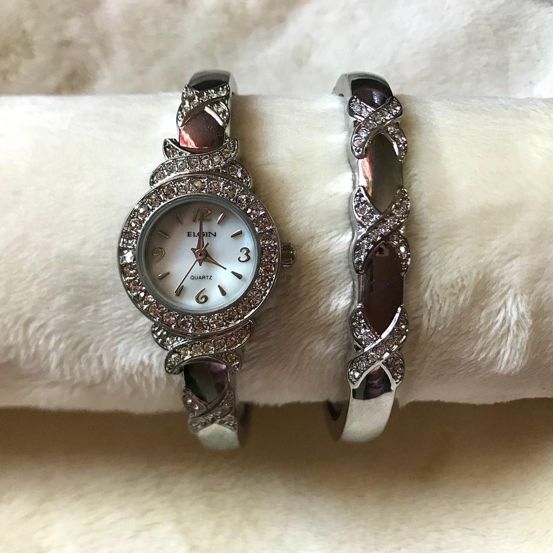Elgin Women s XO Watch and Bracelet Bangle Set in Silver Women s