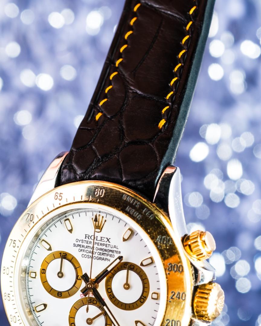 Handmade Hand stitched Watch Strap in Jet Black Crocodile Leather For Client s Rolex Daytona 116503 Watch