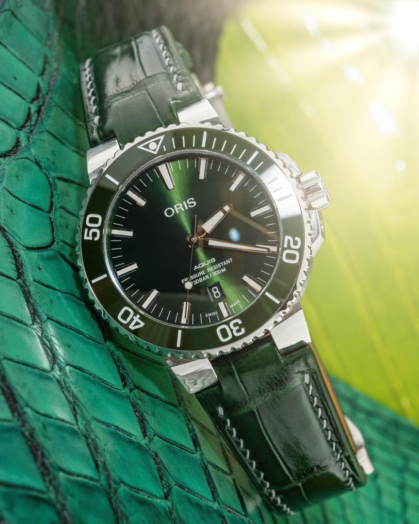 Oris aquis green leather strap online