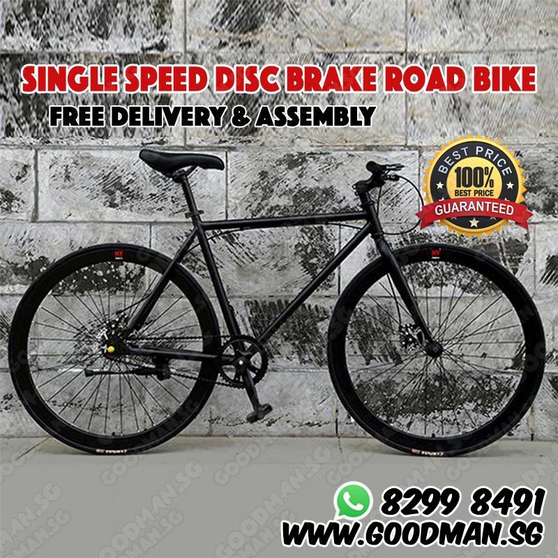 INSTOCKS 26 inch Black Frame Black Rim Fixie With Black Tyre Disc Brakes Road Bicycle Road Bike lightweight 1 3 Days Delivery WhatsApp 82998491 Goodmansg Goodman Good