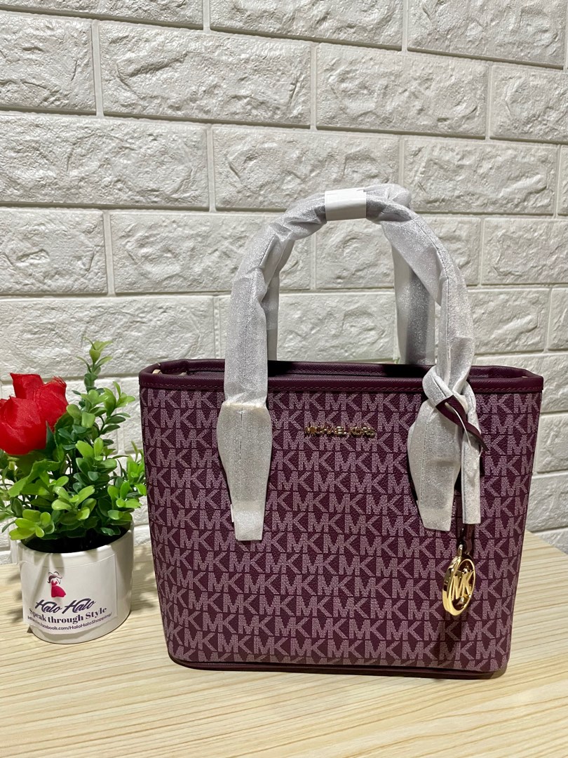 Michael Kors Jet Set Travel Extra Small Logo Top Zip Tote Bag Canvas Bordeaux