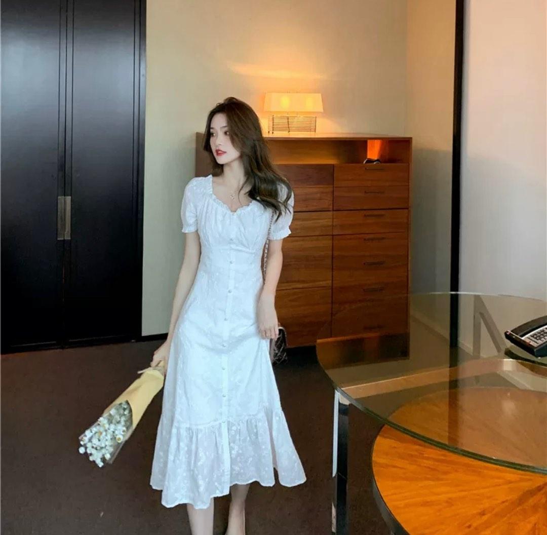 Textured Ruffle Rayon/Cotton Midi Dress - White