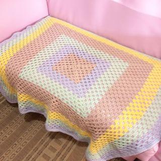Shabby chic pastel colors crochet hand knit throw blanket/ tablecloth y2k