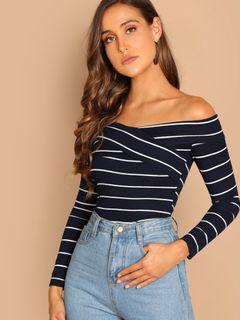 Shein Stripes Cross Wrapped Off Shoulder