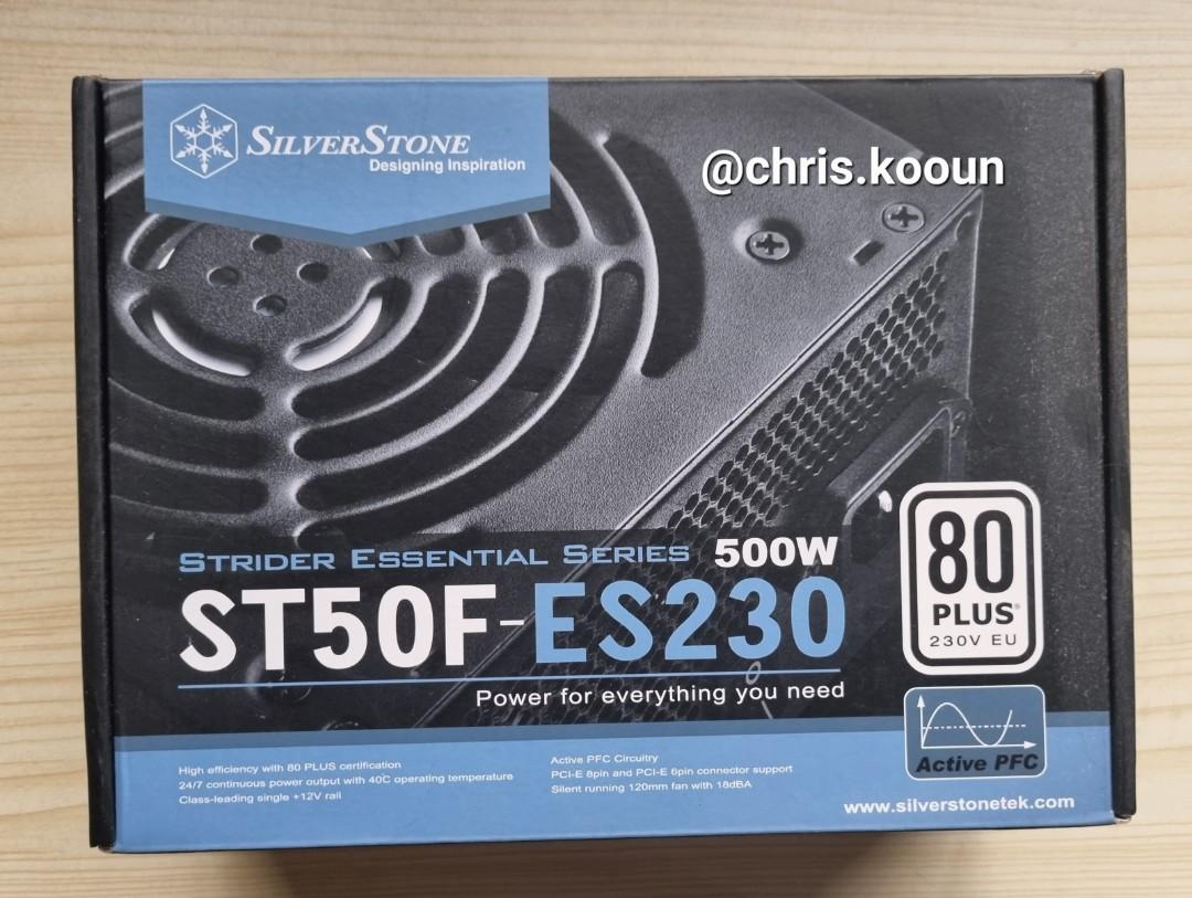 SilverStone Strider Essential 500W 80+ ST50F-ES230 (Category: Computer Parts) located in Manila. Submitted by chris.kooun (Listing ID 1189901295, Image 1). Description: SilverStone Strider Essential 500W 80+ ST50F-ES230 • High efficiency with 80 PLUS certification • 24/7 continuous power output with 40℃ operating temperature • Class-leading single +12V rail • Active PFC Circuitry • PCI-E 8pin and PCI-E 6pin connector support • Silent running 120m