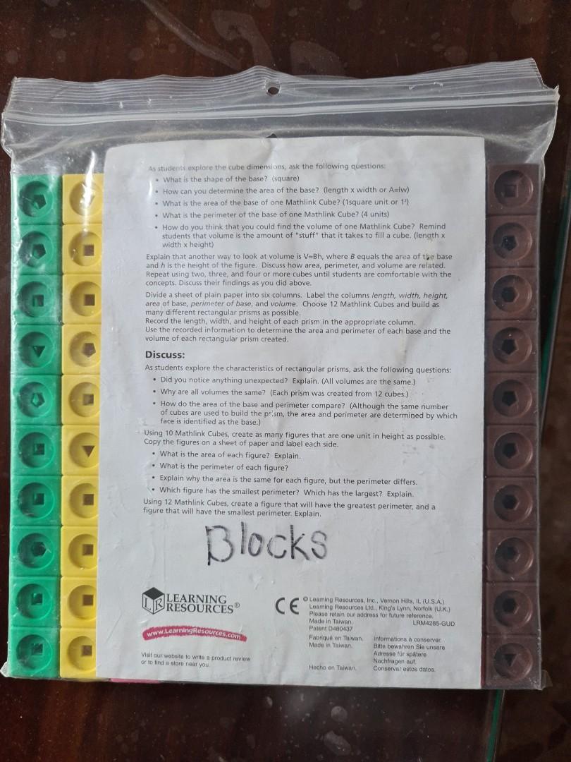 Study blocks learning resources (Category: Stationery & School Supplies) located in Singapore. Submitted by codeshimmer (Listing ID 1189828733, Image 3). Description: Learning resources you can use to teach maths/ shapes. Original and not used much. Only plastic is dulled due to lack of use. All pieces intact. Price includes normal delivery by singpost so pls no low ballers.