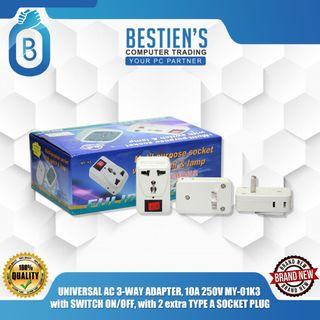 UNIVERSAL AC 3-WAY ADAPTER, 10A 250V MY-01K3 with SWITCH ON/OFF, with 2 extra TYPE A SOCKET PLUG