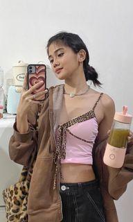 Y2k Pink Leopard V Neck Top