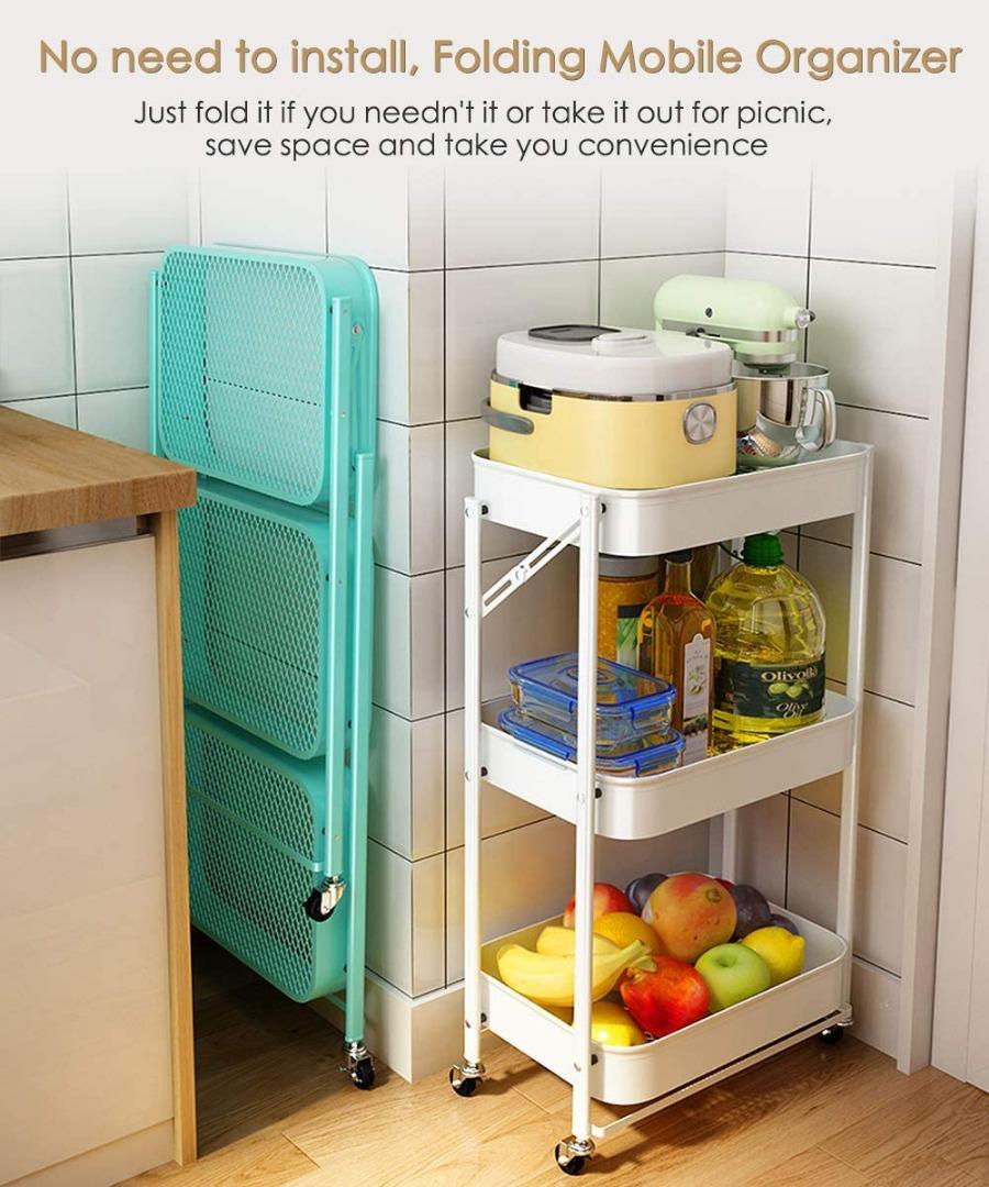 3Tier Free Installation Rolling Cart trolley Instant Use Foldable