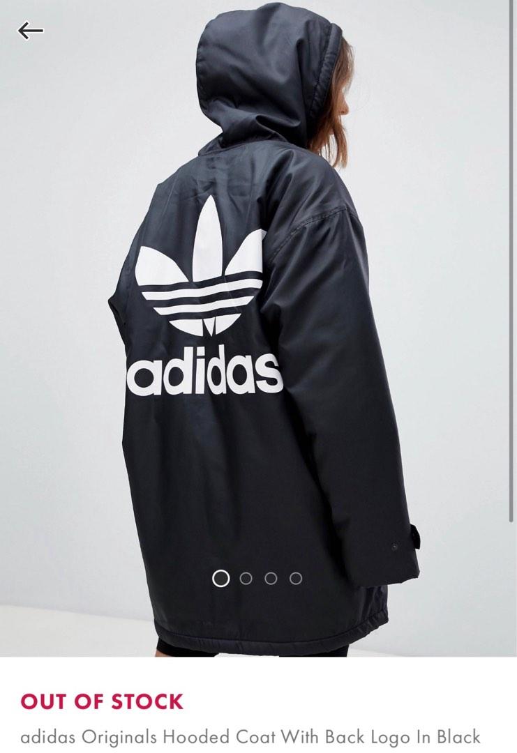 Adidas Originals Hooded Coat with Back Logo in Black, Women's Fashion ...