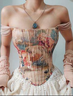Antheia Corset Top in French Tapestry print  with mesh sleeves 🤎