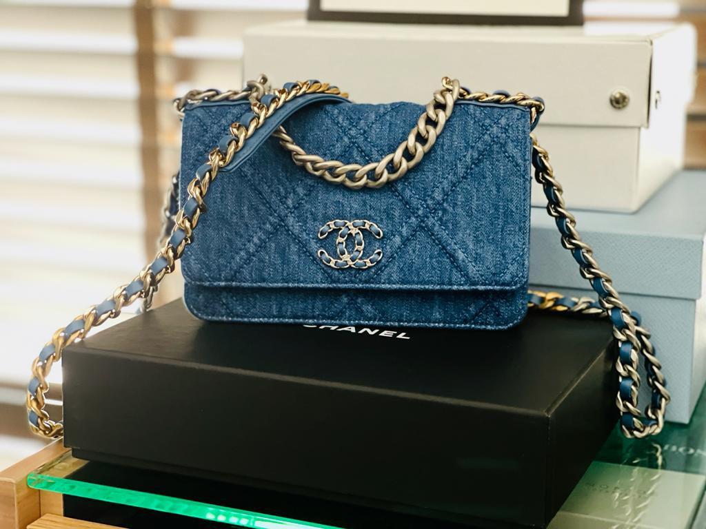 Chanel 19 Wallet on Chain WOC in 22P Medium Tone Denim 3-Tone HW, Luxury,  Bags & Wallets on Carousell