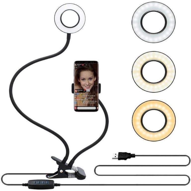 Selfie Ring Light Clamp Mount for Desk Live Steam & Broadcast Office for Smart Phone YouTube Video 360 Clip Stand w/3 LED Settings & USB Bed Flexible Arm Phone Holder 