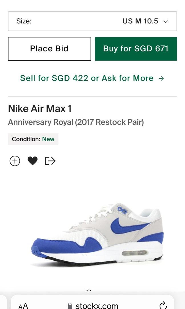 Nike Air Max 1 Anniversary Royal (2017 Restock Pair) Men's - 908375-102 - GB