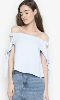 Topshop tie sleeve off shoulder blouse (Category: Blouses) located in Quezon City. Submitted by decluttering456 (Listing ID 1190031371, Image 1). Description: Topshop off shoulder top Tie sleeve Color: Light Blue Rfs: not being used Sf shouldered by buyer .