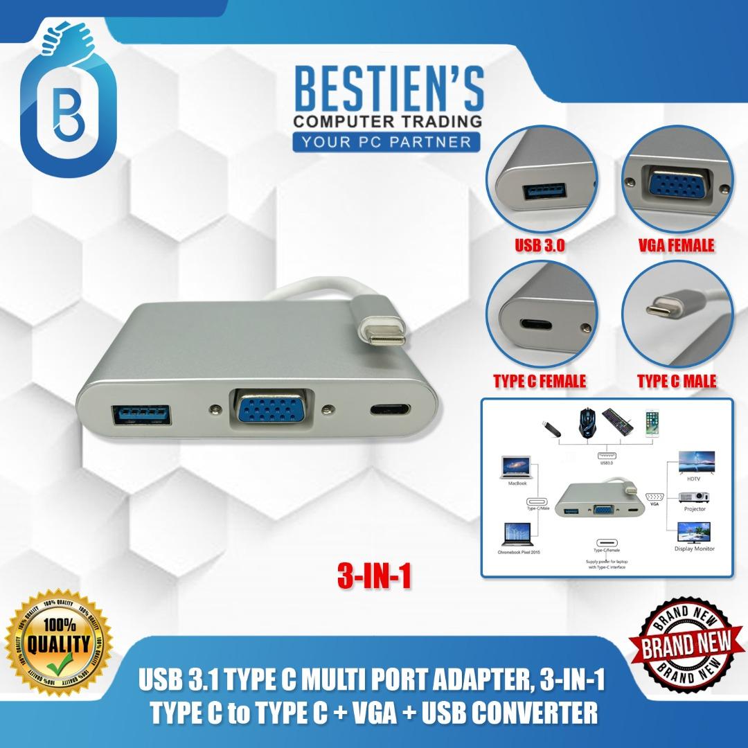 USB 3.1 TYPE C MULTI PORT ADAPTER, 3-IN-1 TYPE C to TYPE C + VGA + USB CONVERTER (Category: Cables & Adaptors) located in Quezon City. Submitted by besteinpc (Listing ID 1047200048, Image 1). Description: USB 3.1 TYPE C MULTI PORT ADAPTER, 3-IN-1 TYPE C to TYPE C + VGA + USB CONVERTER 👉Interfaces: USB-C to VGA female + USB 3.0 female + USB-C 3.1 female 👉Dimensions: 2.95×1.49×0.63 inch (Length of Cable Wire: 3.74 inch) Compatible Device Samples: