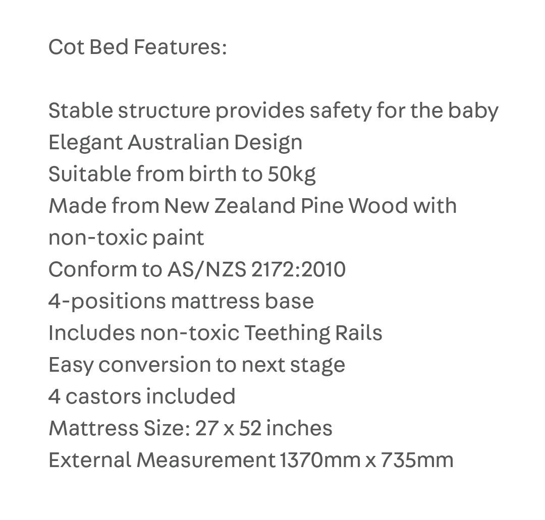 Vermonte Bonbebe cott made from New Zealand wood, Babies & Kids, Baby