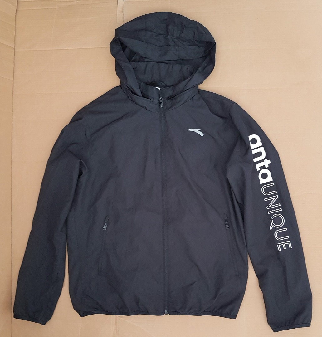Versatile Anta Sports Jacket, Black Hoody Jacket, Foldable Hoody, Windproof Hooded Clothing, for