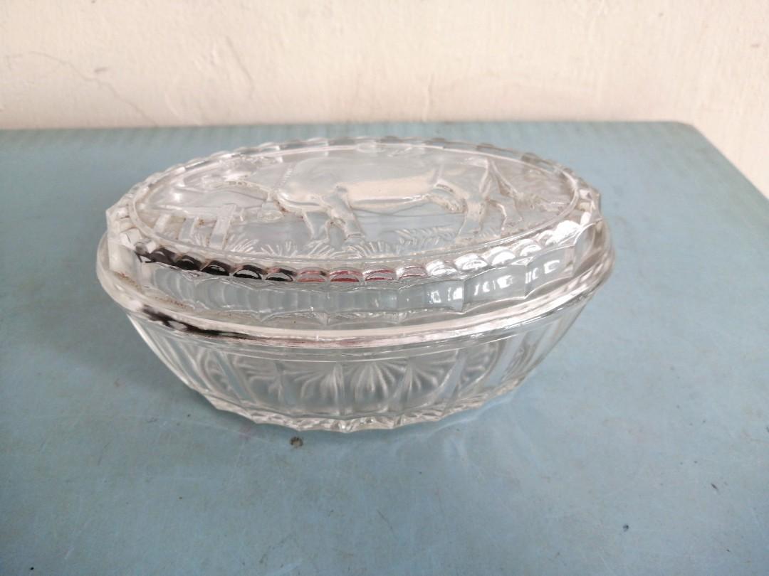 Vintage Glass Butter Dish Cow Embossed Design France, Hobbies & Toys