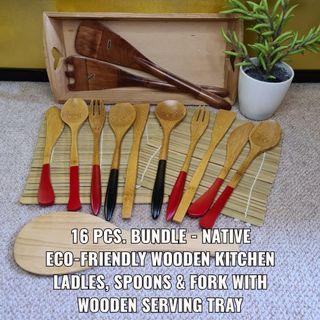 16 PCS. BUNDLE - NATIVE ECO-FRIENDLY WOODEN KITCHEN LADLES, SPOONS & FORK WITH WOODEN SERVING TRAY