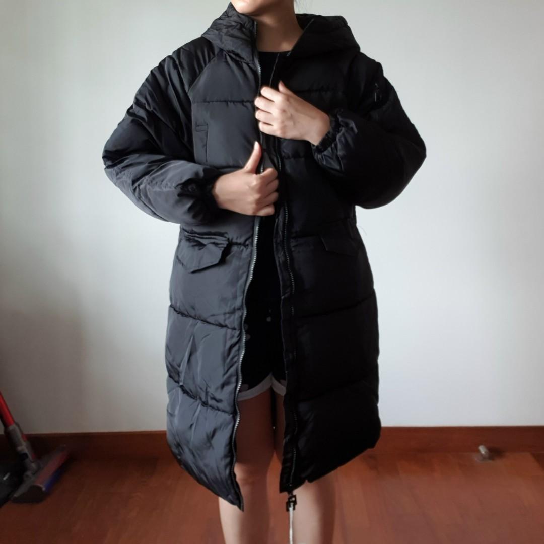 BN All Black Down Jacket with detachable fur hood Women s Fashion
